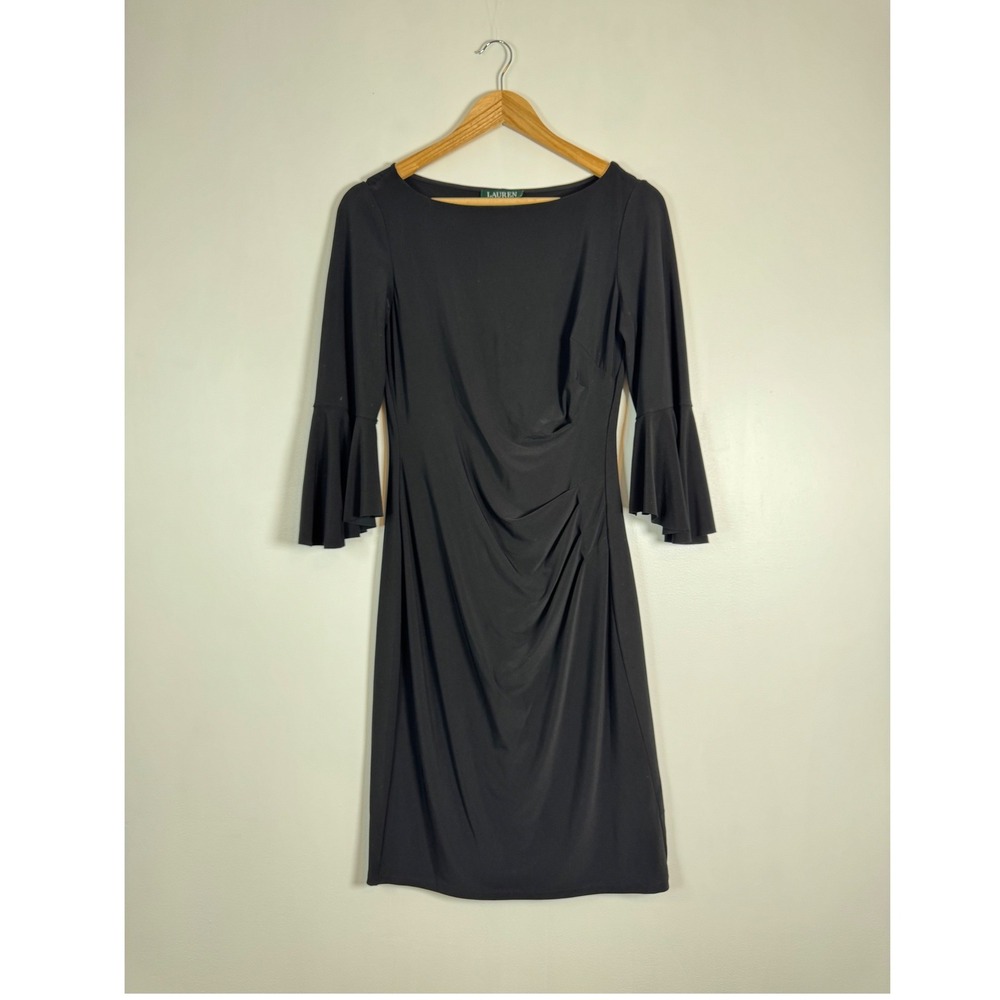 Chic Lauren Ralph Lauren Women 4 Sheath Dress Black Ruched Bell Sleeve Boat Neck